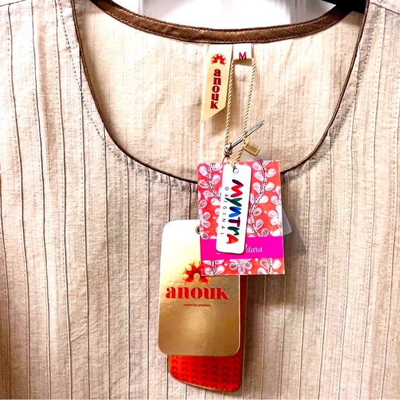 Anouk Pintex Kurta 3/4 Sleeve Tan W/Gold Collar Size Medium NWT - Picture 2 of 3